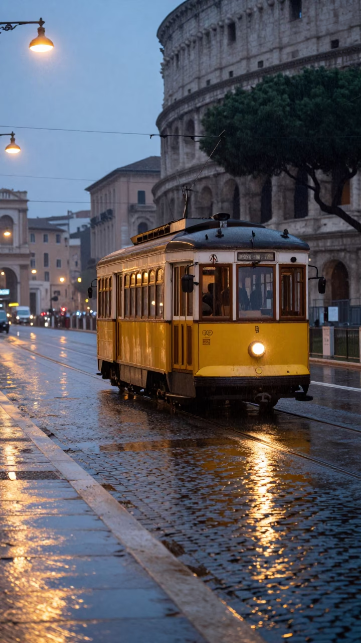 Rome Italy Before Sunrise Heritage Tram Rain Wet Cobblestones and Streetlights in in Rome, Italy