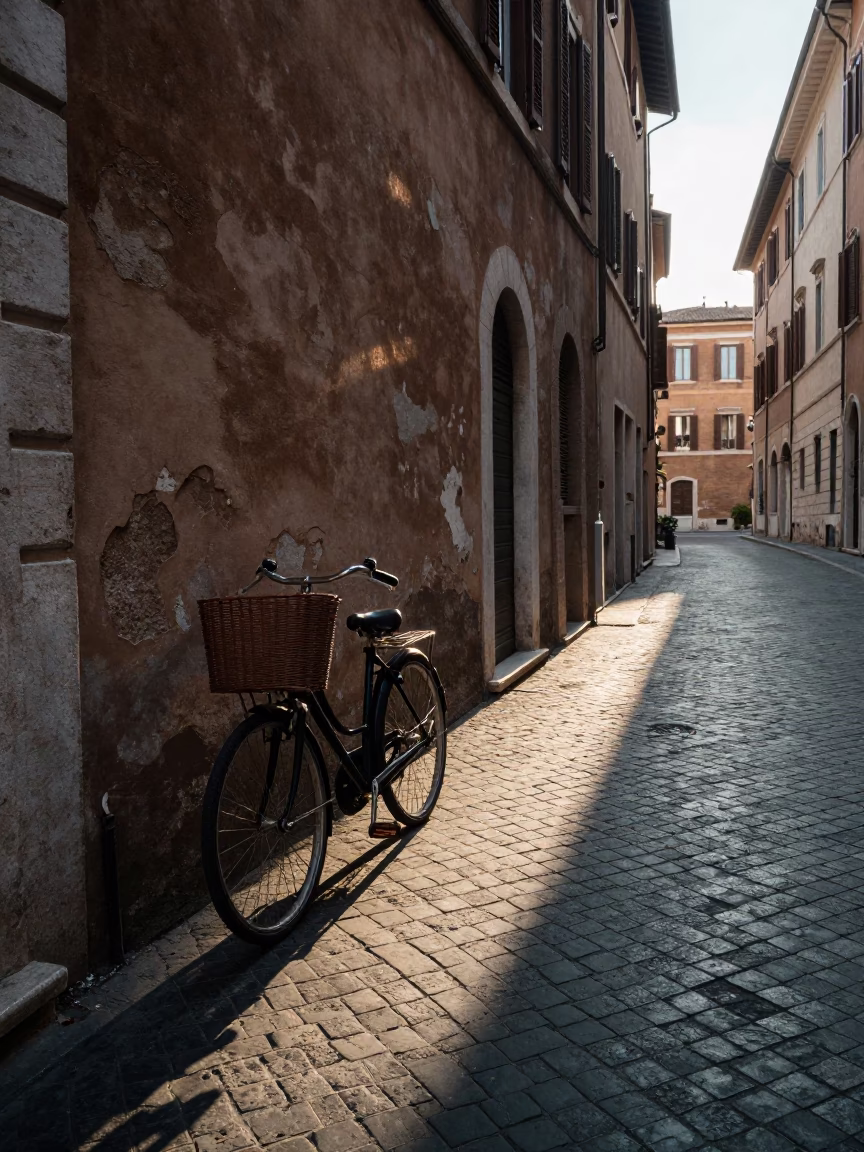 Rome Italy Before Sunrise Street Scene with Bicycle Basket and Cobblestone Alley in in Rome, Italy