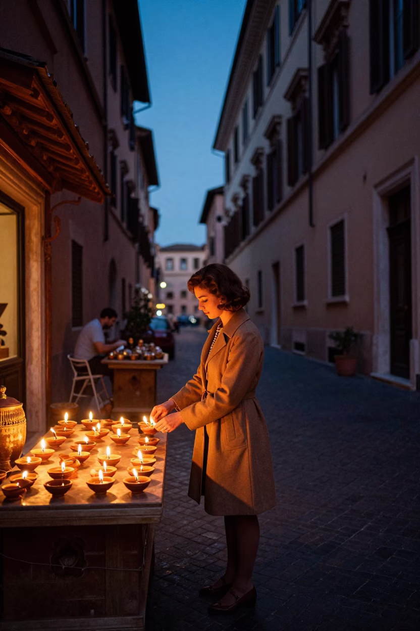 Rome Italy blue hour street scene with Diwali oil lamps and traditional architecture in in Rome, Italy