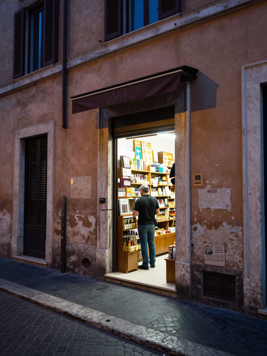 Rome Italy Blue Hour Street Scene with Shopkeeper and Iron Deadbolt in in Rome, Italy