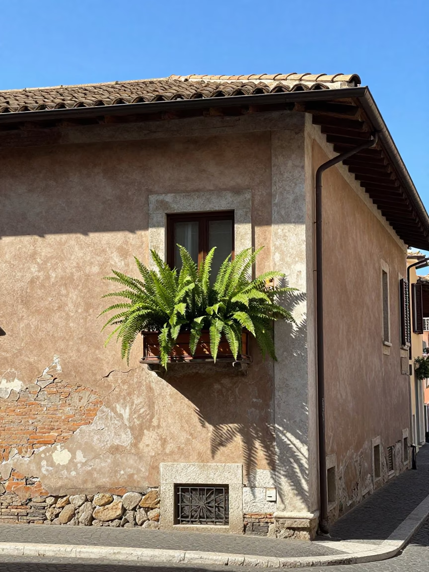 Rome Italy Bright Midmorning Street Scene with Window Box Ferns and Glass Drain in in Rome, Italy