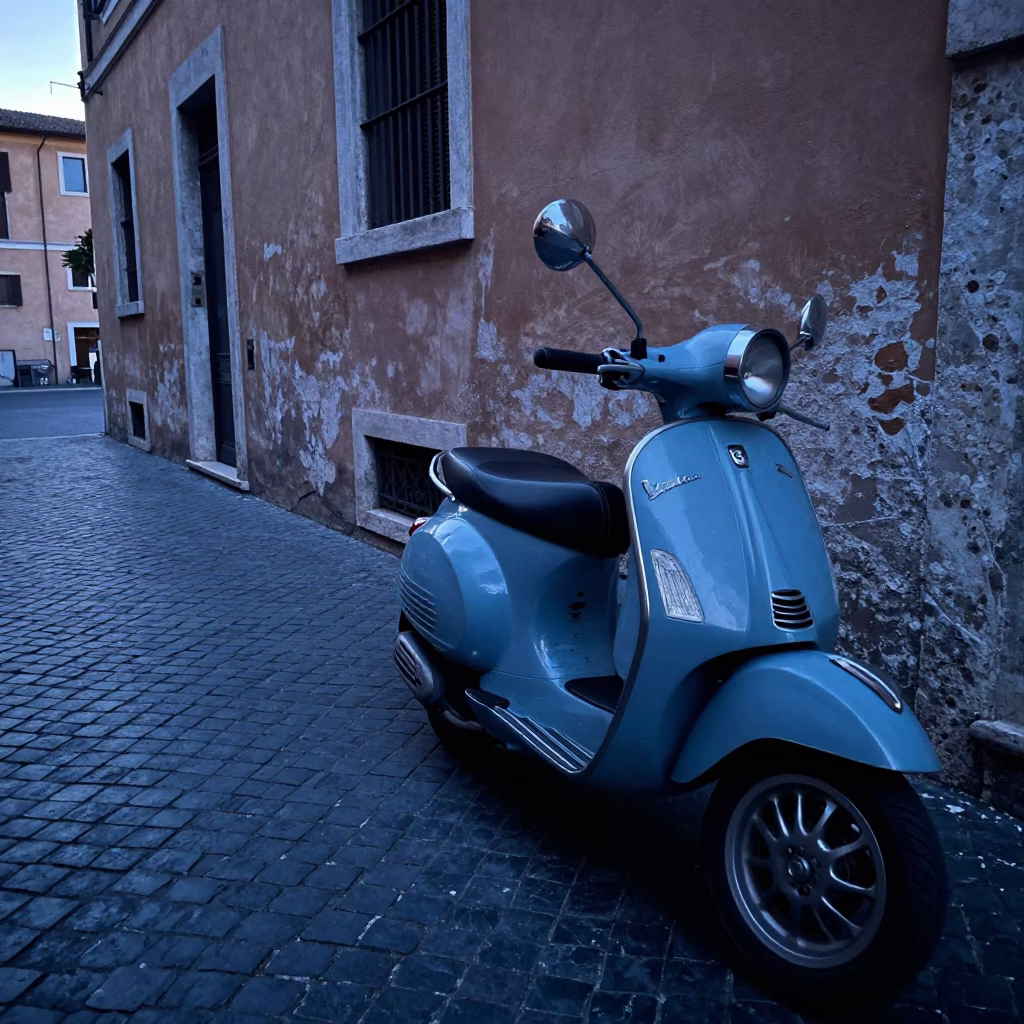 Rome Italy cobblestone street before sunrise with vintage Vespa and historic architecture in in Rome, Italy