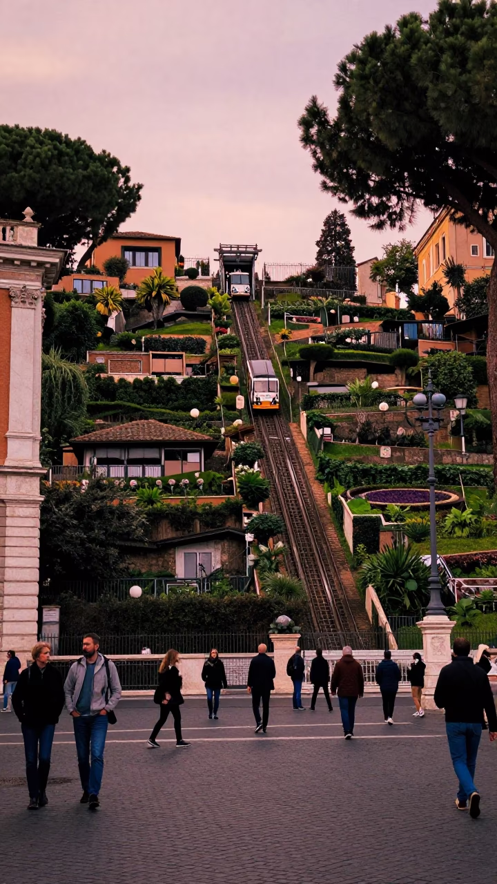 Rome Italy copper dusk funicular terraced gardens candid street life in in Rome, Italy