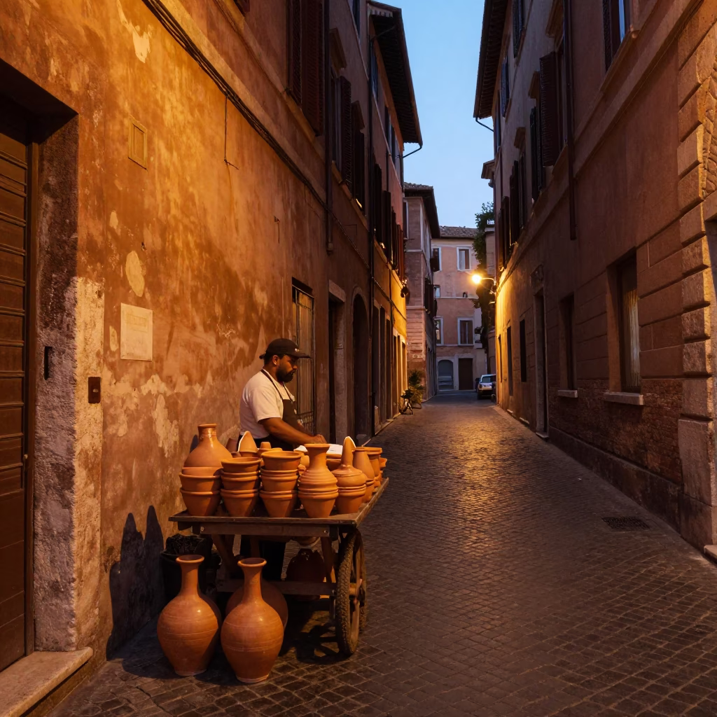 Rome Italy Copper Dusk Street Scene with Ceramic Pottery and Clay Cup in in Rome, Italy