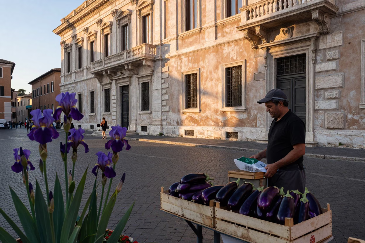 Rome Italy Dawn Street Scene with Iris Blossoms and Local Market Produce in in Rome, Italy