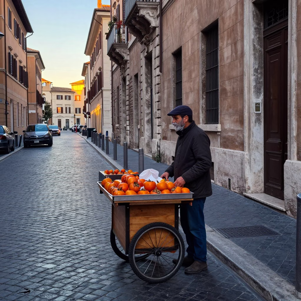 Rome Italy Dawn Street Scene with Local Vendor and Vintage Details in in Rome, Italy