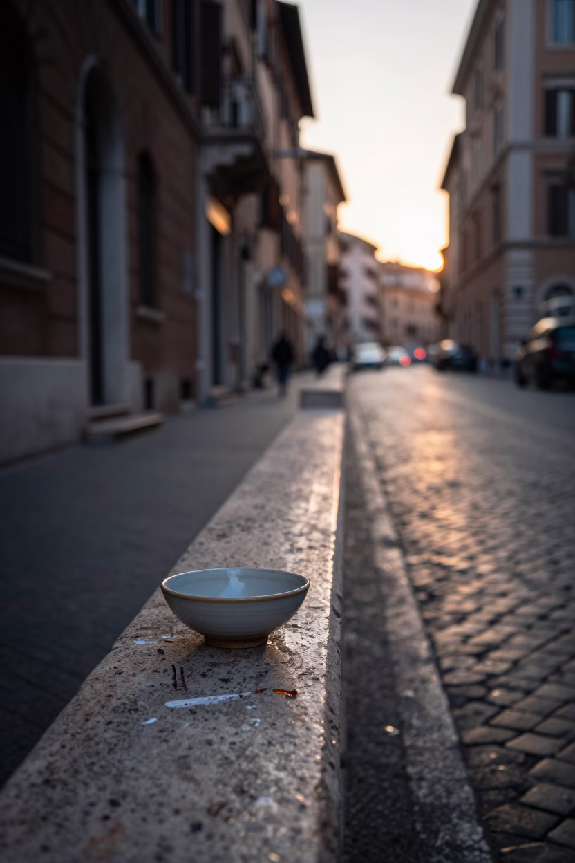 Rome Italy Dawn Street Scene with Paint Flecks and Bowl on Cobblestones in in Rome, Italy