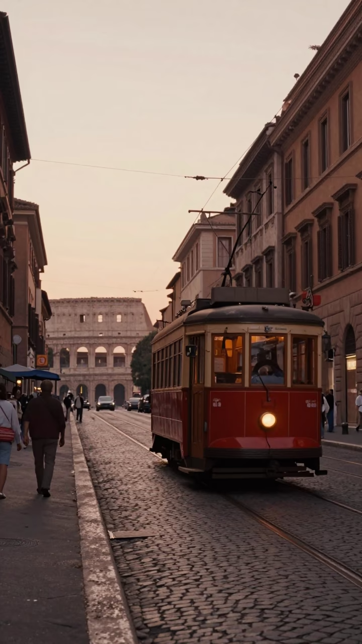 Rome Italy Dawn Street Scene with Tram Steep Hill and Pegboard Wall in in Rome, Italy