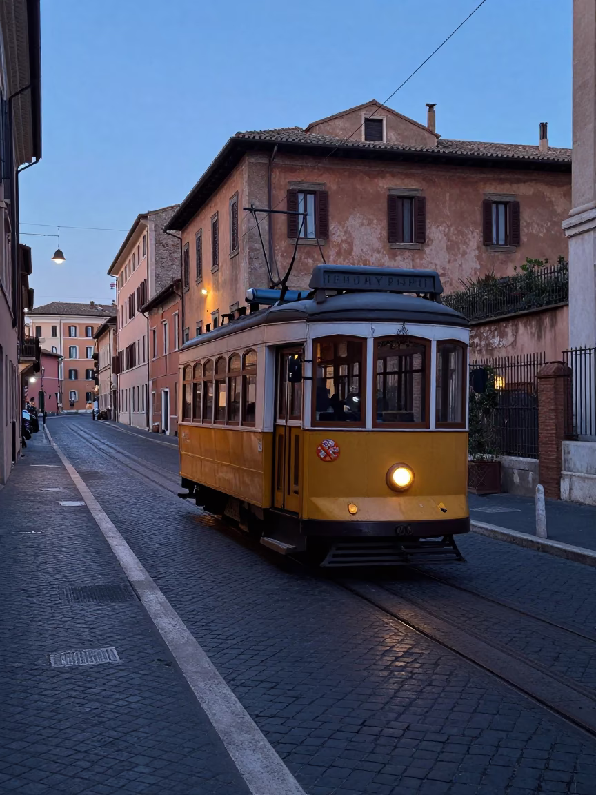 Rome Italy Dawn Street Scene with Vintage Tram Climbing Steep Hill at First Light in in Rome, Italy