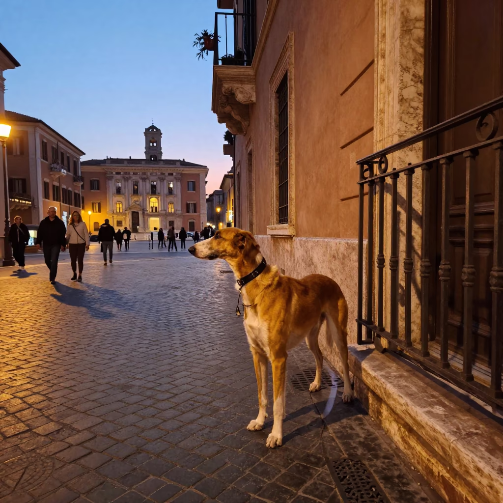 Rome Italy Dusk Street Scene with English Foxhound and Copper Light in in Rome, Italy
