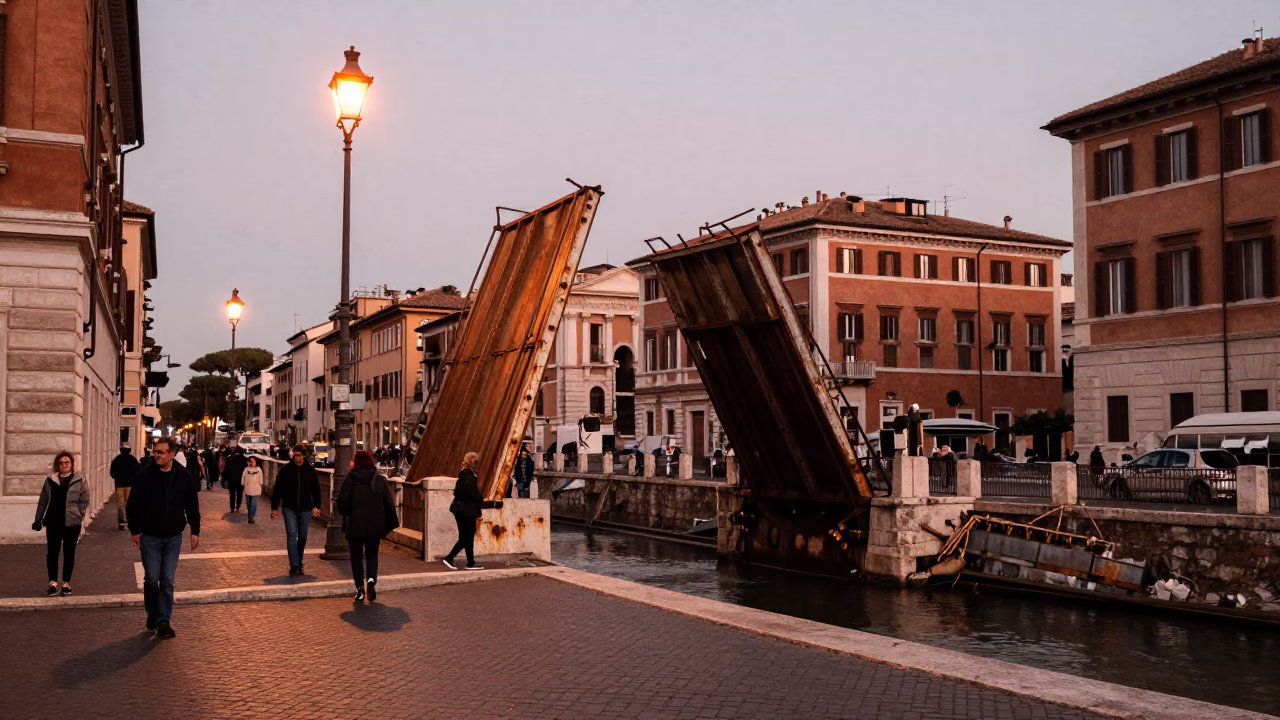 Rome Italy Dusk Street Scene with Rusted Drawbridge and Scrap Basket in Copper Light in in Rome, Italy