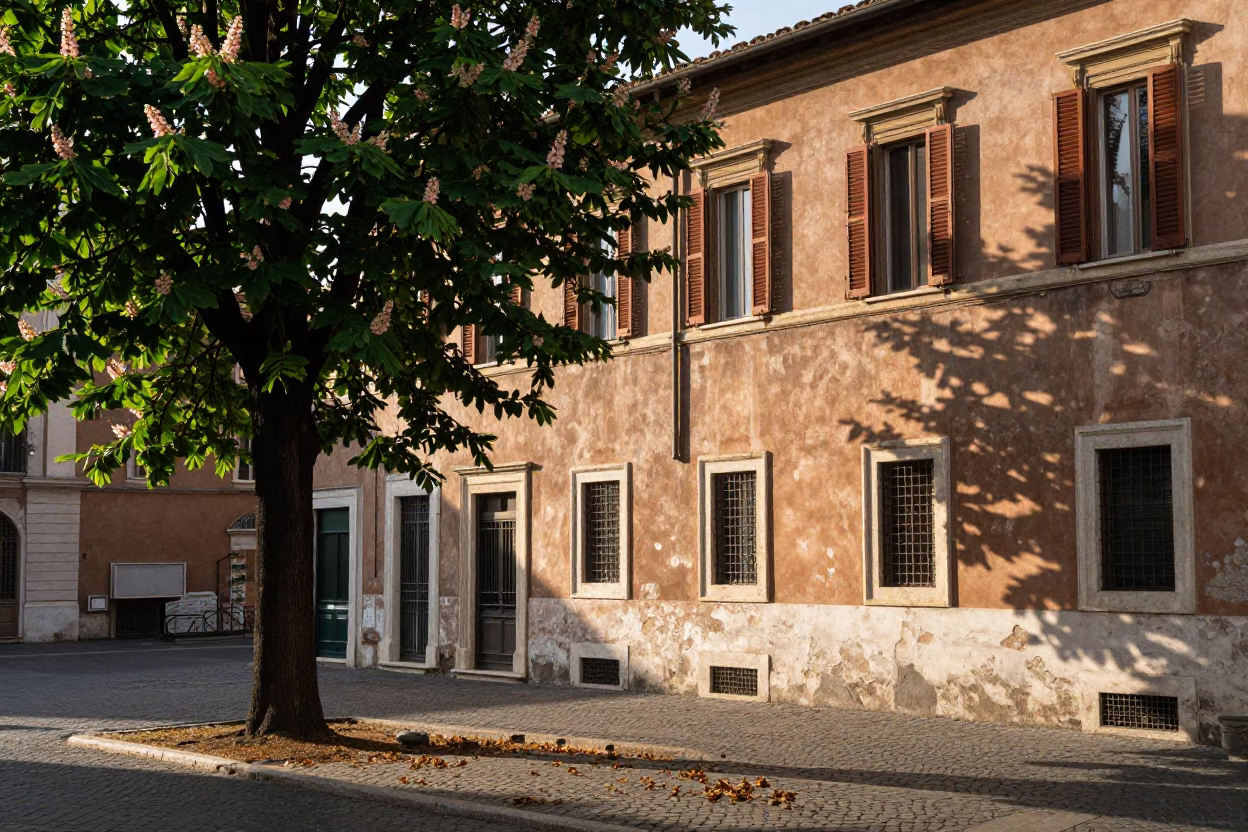Rome Italy Early Afternoon Chestnut Tree Husks and Historic Urban Street Scene in in Rome, Italy