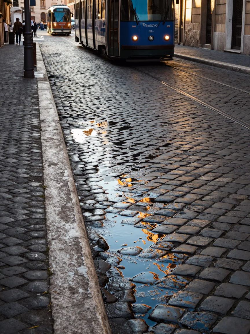 Rome Italy Early Afternoon Cobblestone Street Tram Reflection and Historic Architecture in in Rome, Italy