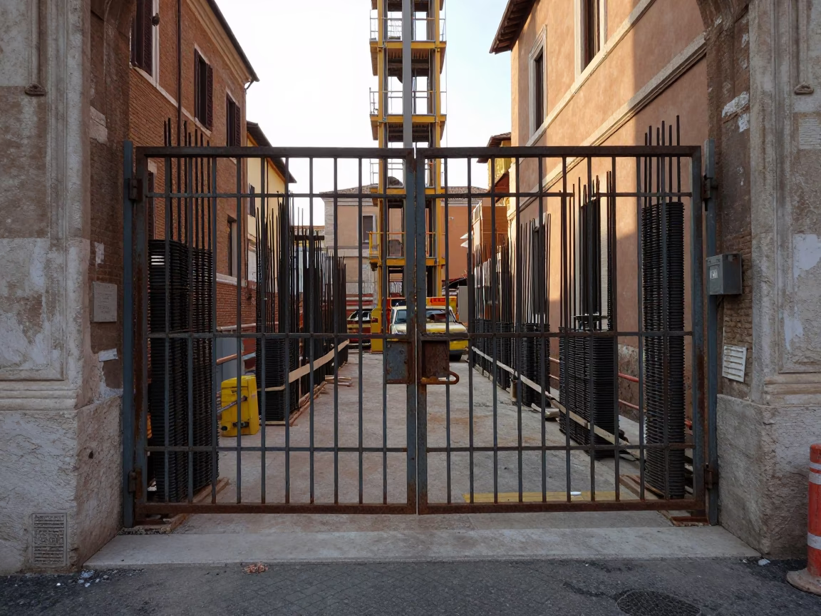 Rome Italy Early Afternoon Construction Site with Elevator Gate and Rebar Bundles in in Rome, Italy