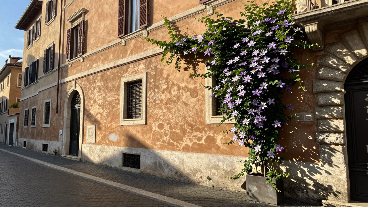 Rome Italy Early Afternoon Street Scene with Clematis Vine and Cobblestone Alleyway in in Rome, Italy