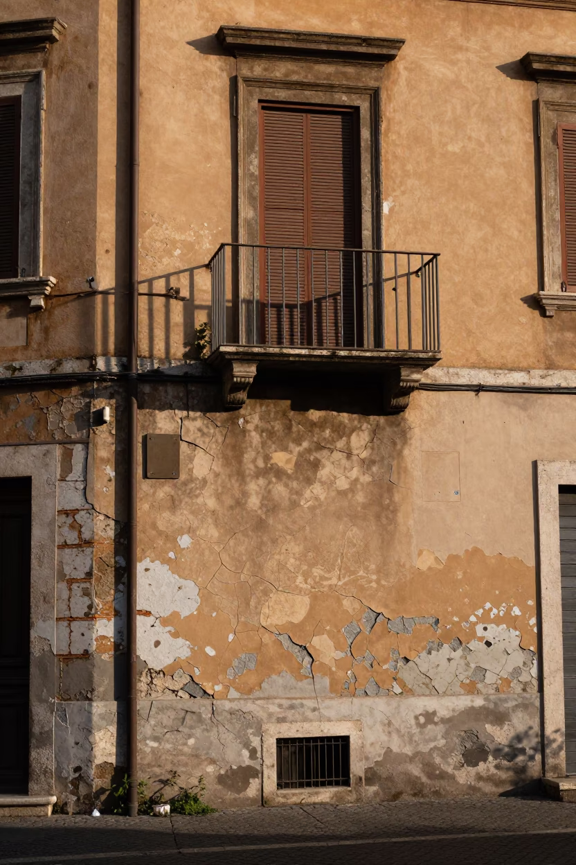 Rome Italy Early Afternoon Street Scene with Cracked Stucco and Kettle on Balcony in in Rome, Italy