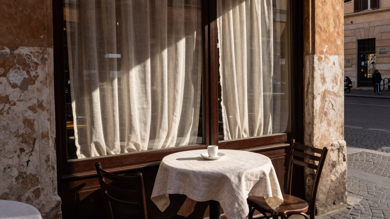 Rome Italy Early Afternoon Street Scene with Saucer and Linen Curtains in in Rome, Italy