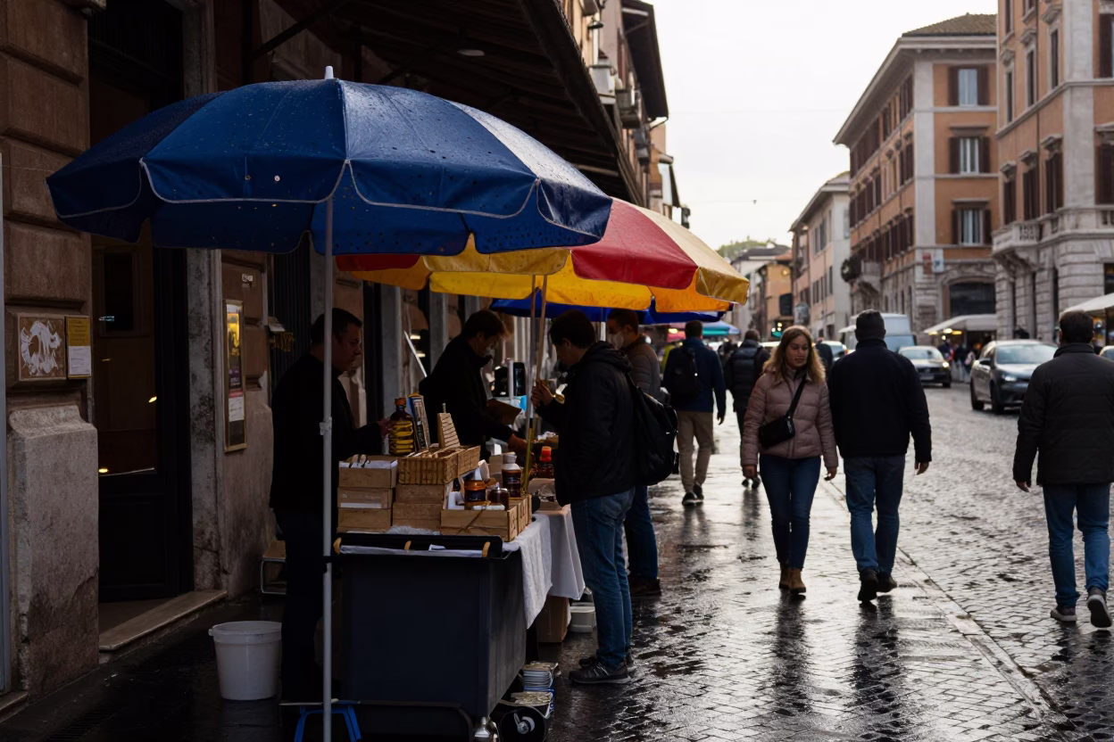 Rome Italy Early Afternoon Street Scene with Umbrellas and Perforated Metal Overpass in in Rome, Italy
