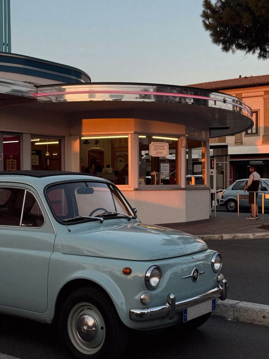 Rome Italy Early Afternoon Street Scene with Vintage Car and Leaf Shadows in in Rome, Italy