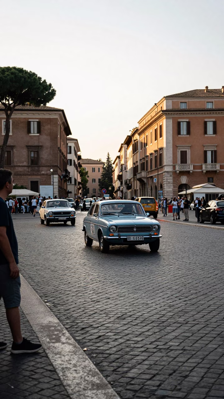 Rome Italy Early Afternoon Street Scene with Vintage Car Rally and Tulips in in Rome, Italy