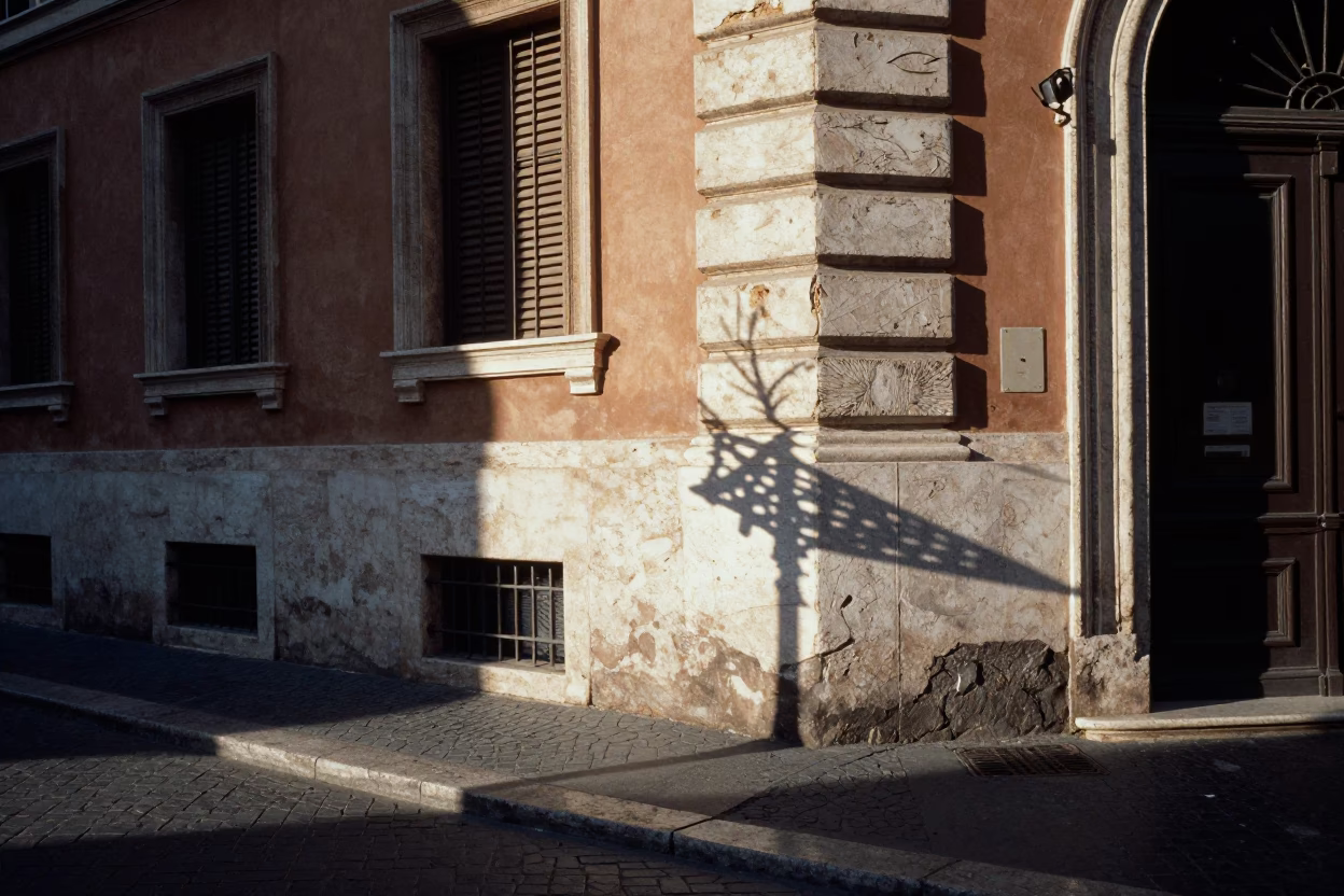 Rome Italy Early Afternoon Street Scene with Wicker Shadow on Wall in in Rome, Italy