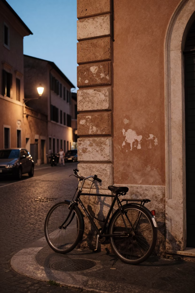 Rome Italy Early Evening Street Scene with Bicycle Leaning Against Traditional Cafe in in Rome, Italy