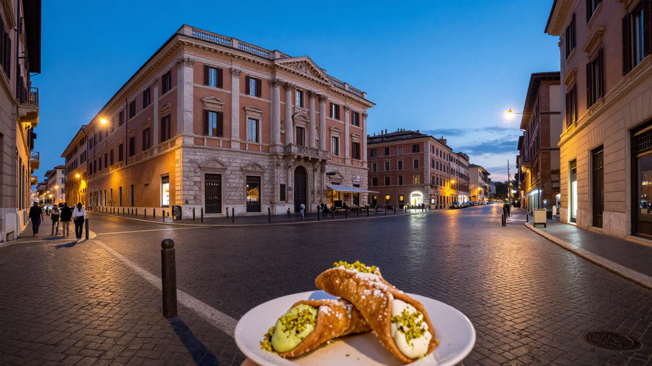 Rome Italy Early Evening Street Scene with Cannoli Pistachio Dessert and Ceramic Cup in in Rome, Italy