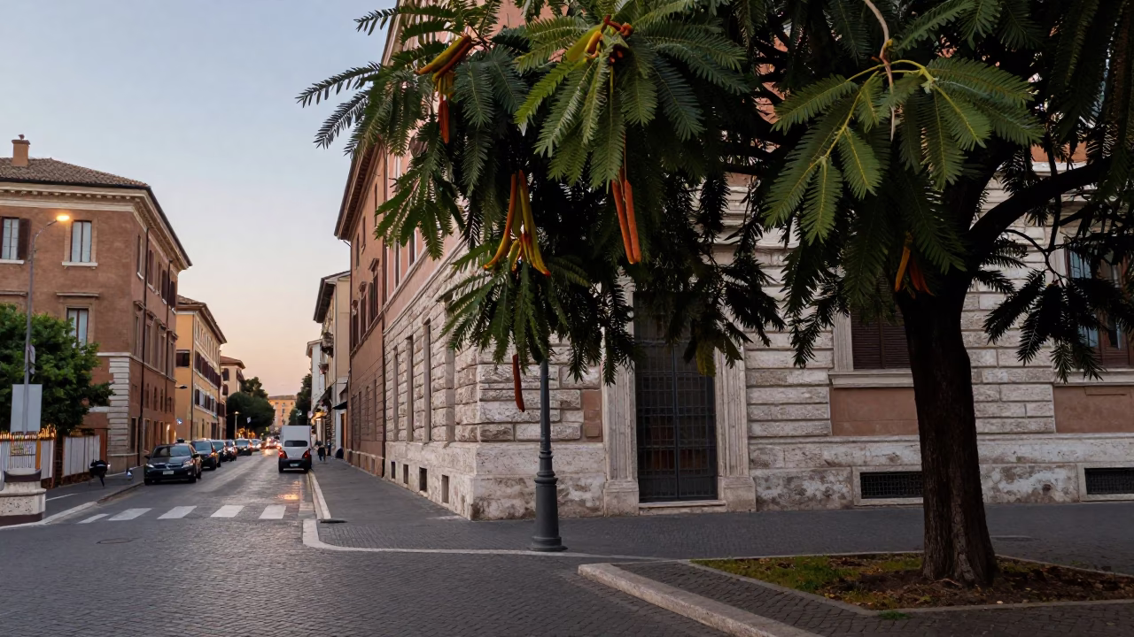 Rome Italy Early Evening Street Scene with Tamarind Tree and Harbor View in in Rome, Italy
