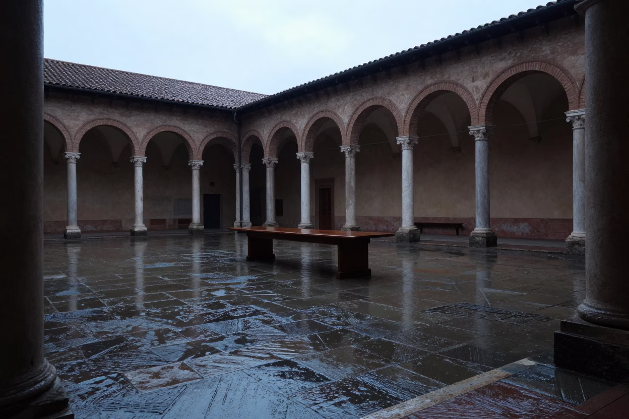 Rome Italy Early Evening University Cloister with Wet Flagstones and Seminar Table in in Rome, Italy