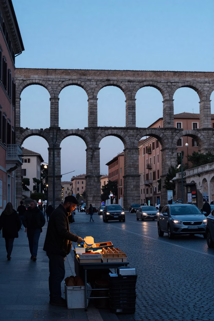 Rome Italy Early Morning Street Scene with Roman Aqueduct and Urban Details in in Rome, Italy