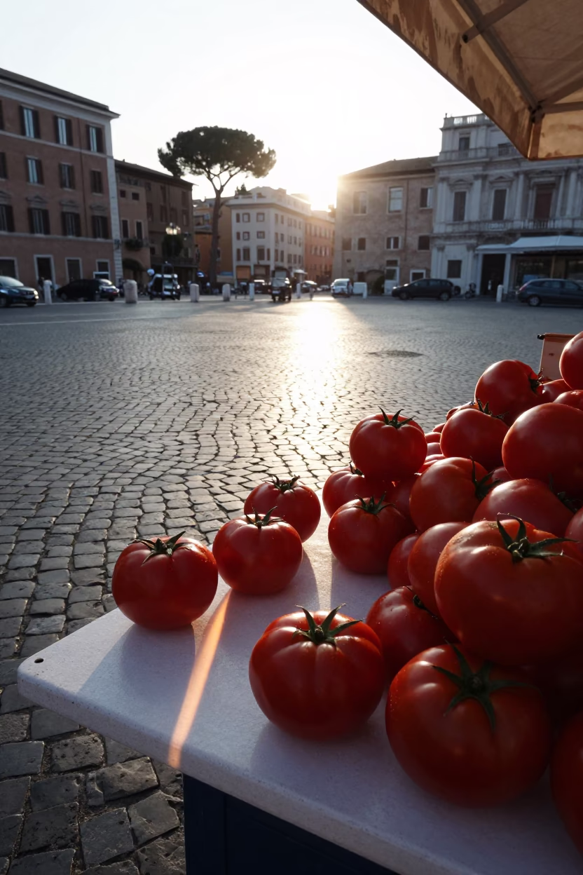 Rome Italy Early Morning Street Scene with Sunlight and Tomatoes in in Rome, Italy