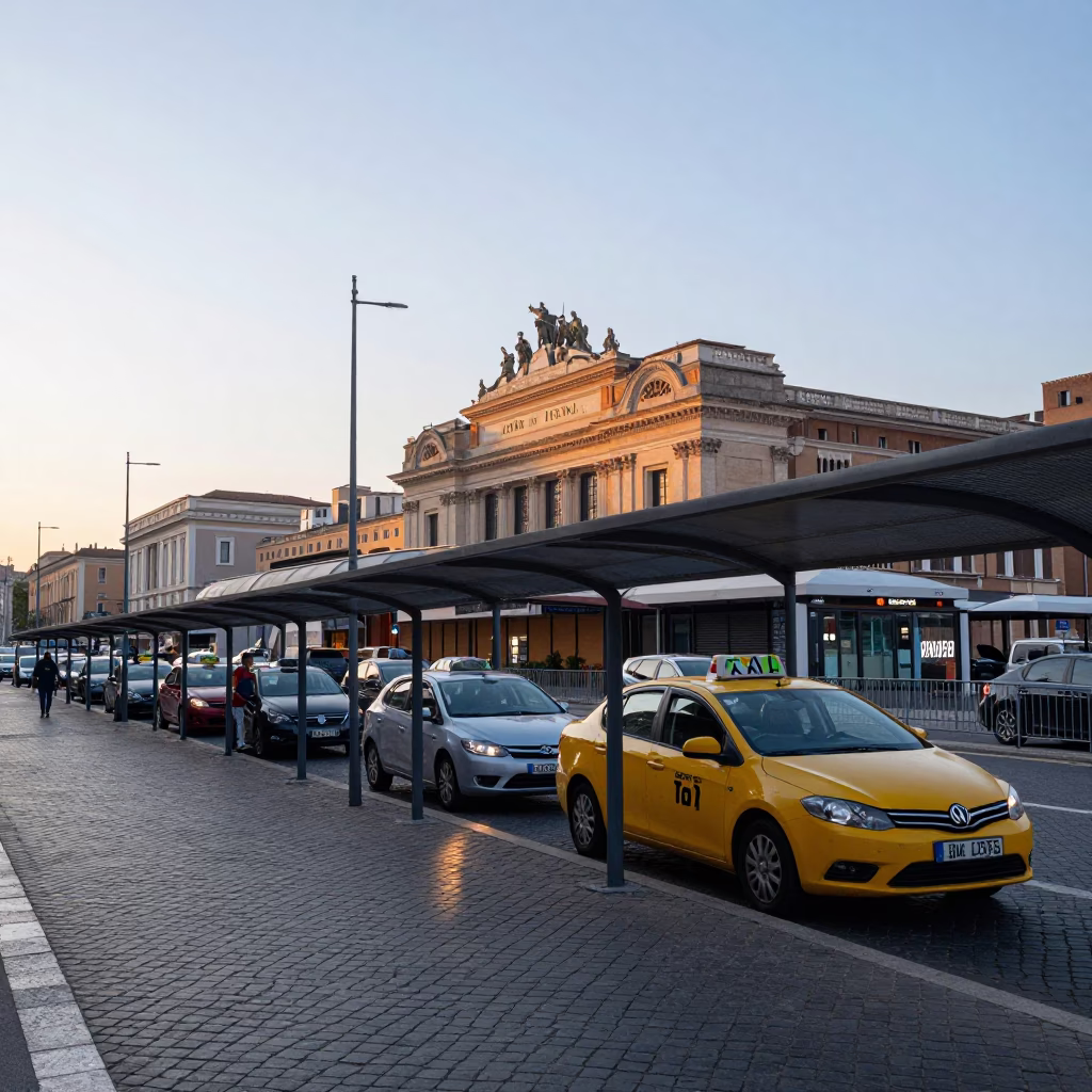 Rome Italy Early Morning Street Scene with Taxi Rank and Local Interaction in in Rome, Italy