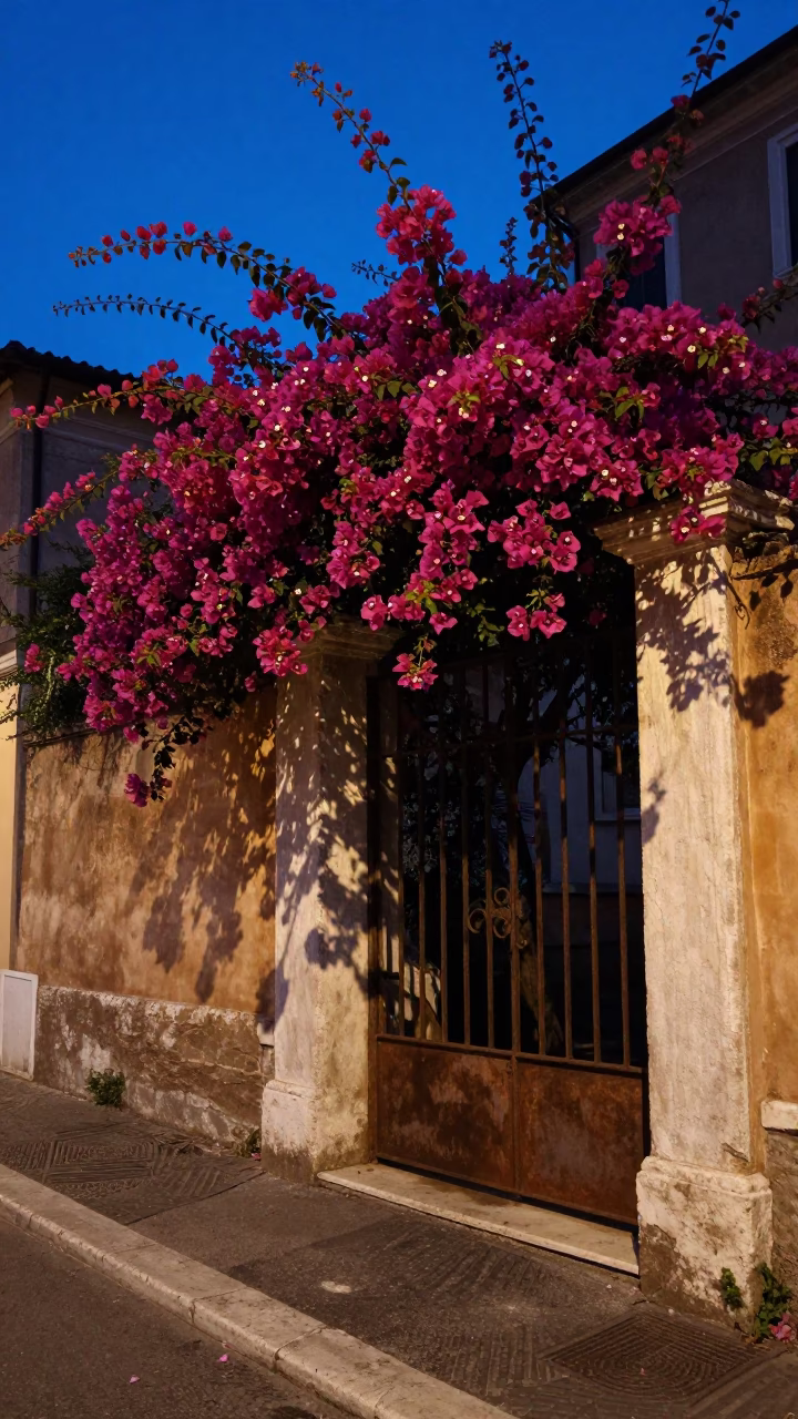 Rome Italy Evening Blue Hour Bougainvillea and Cast Iron Gate Detail in in Rome, Italy