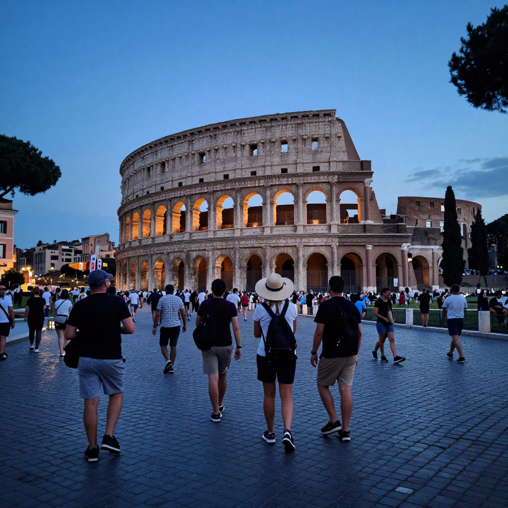 Rome Italy Evening Blue Hour Street Scene with Tourists and Historic Architecture in in Rome, Italy