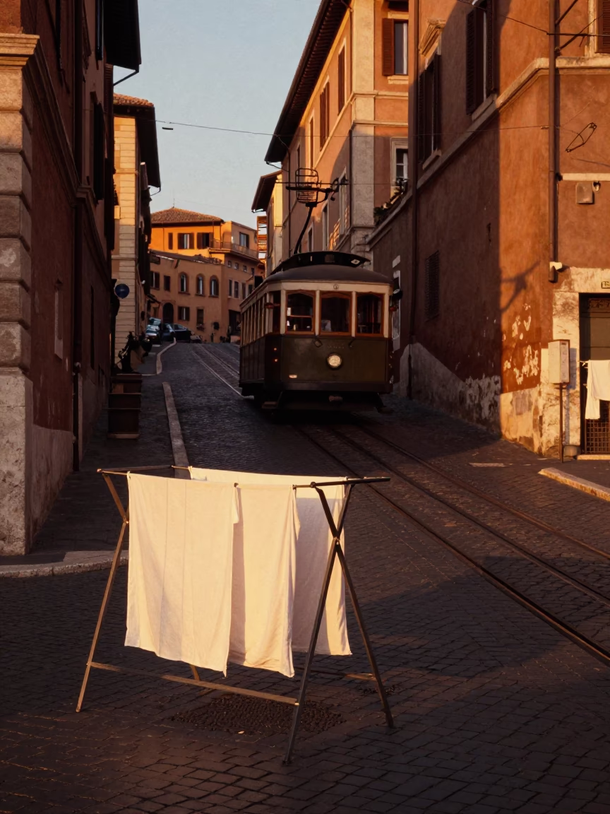 Rome Italy Evening Light on Funicular Hill and Drying Rack Street Scene in in Rome, Italy