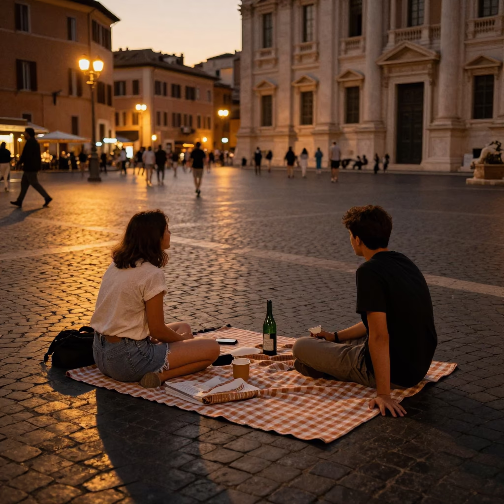 Rome Italy Evening Street Scene with Bottle and Picnic Blanket in in Rome, Italy