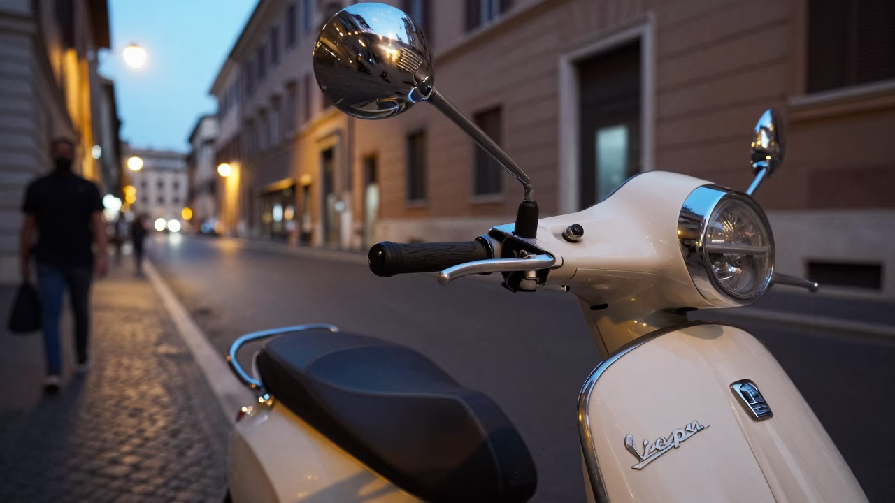 Rome Italy Evening Street Scene with Brushed Steel Handle on Vintage Scooter in in Rome, Italy