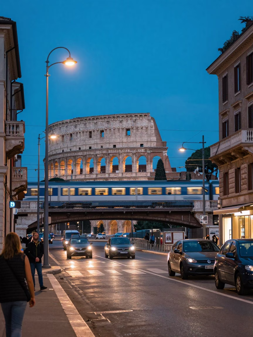 Rome Italy Evening Street Scene with Commuter Train Bridge and Urban Life in in Rome, Italy