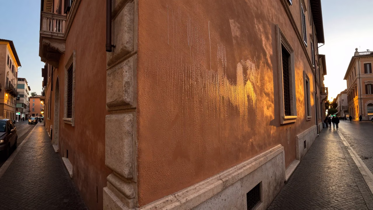 Rome Italy Evening Street Scene with Condensation on Wall and Rusty Shelf Bracket in in Rome, Italy