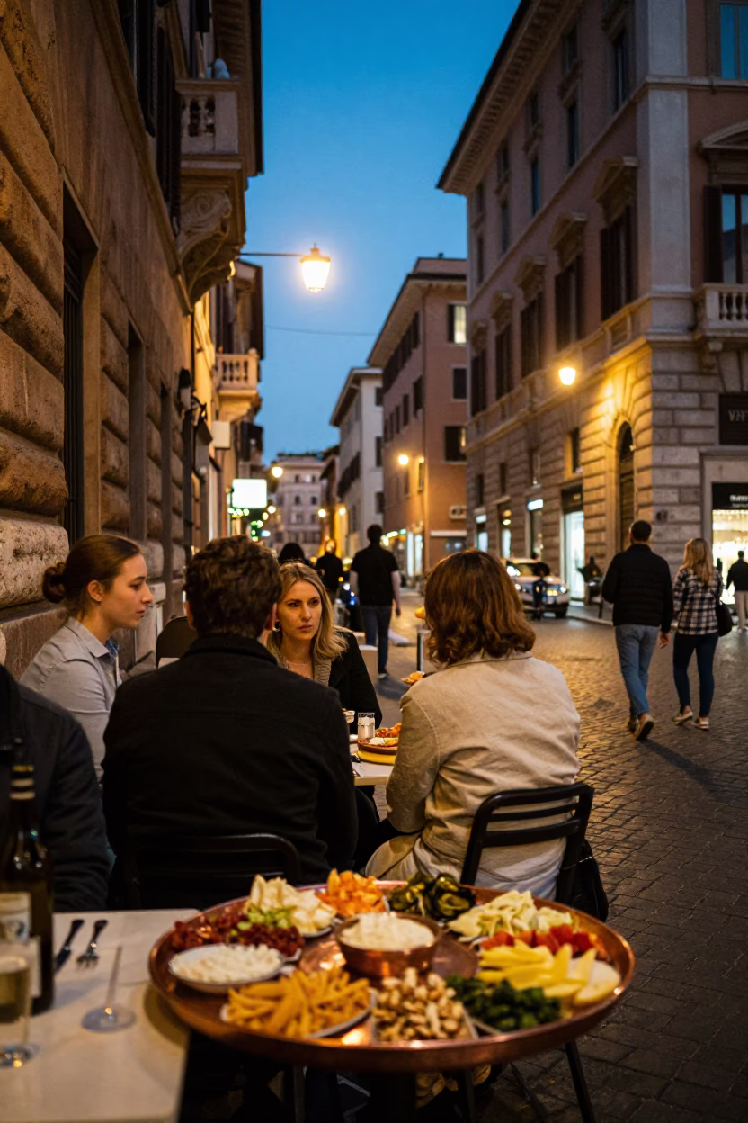 Rome Italy Evening Street Scene with Copper Tray Mezze and City Lights in in Rome, Italy