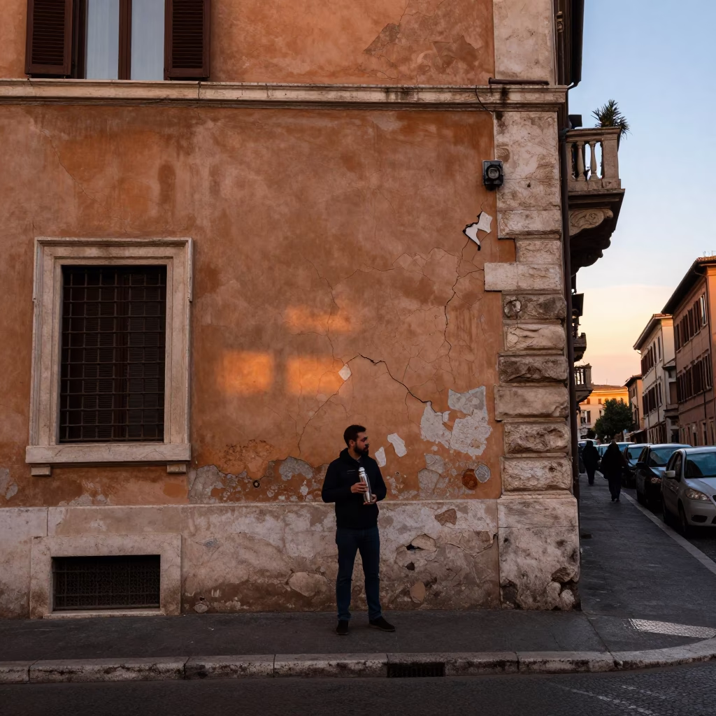 Rome Italy Evening Street Scene with Cracked Stucco and Thermos in in Rome, Italy