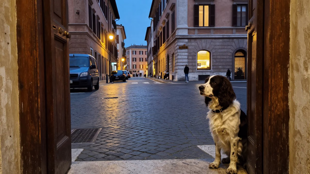 Rome Italy Evening Street Scene with Field Spaniel and Doorframe at Dusk in in Rome, Italy