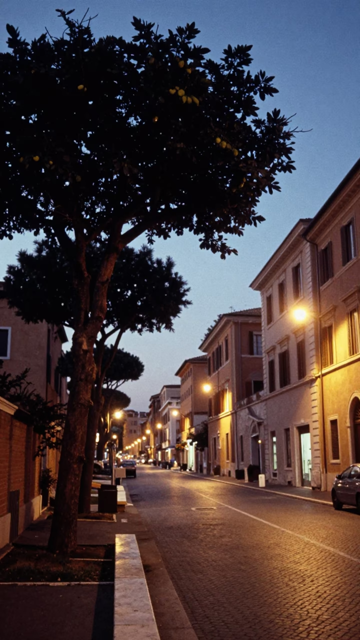 Rome Italy Evening Street Scene with Fig Tree and Traditional Architecture in in Rome, Italy