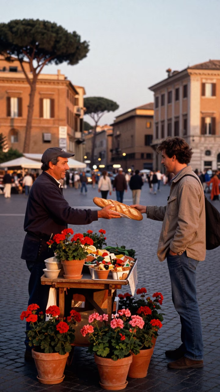 Rome Italy Evening Street Scene with Geraniums and Local Life in in Rome, Italy