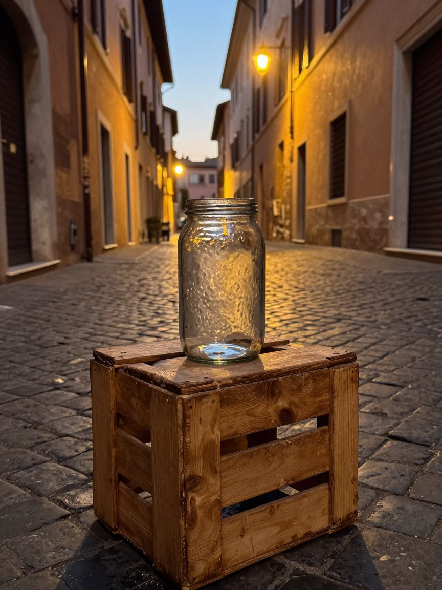 Rome Italy Evening Street Scene with Hammered Metal and Glass Jar in in Rome, Italy