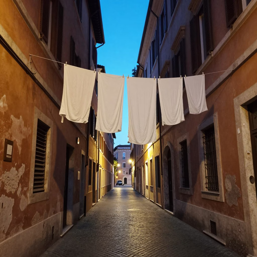 Rome Italy Evening Street Scene with Laundry Hanging and City Lights in in Rome, Italy