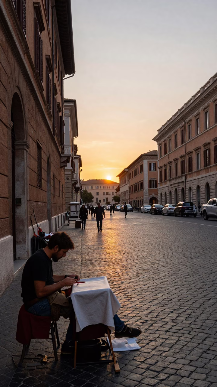 Rome Italy Evening Street Scene with Local Artisan and Traditional Shoe Polisher in in Rome, Italy