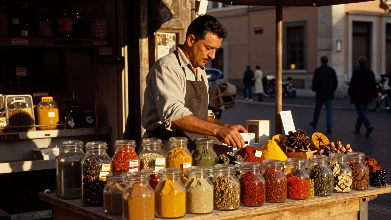 Rome Italy Evening Street Scene with Local Vendor and Spices in in Rome, Italy