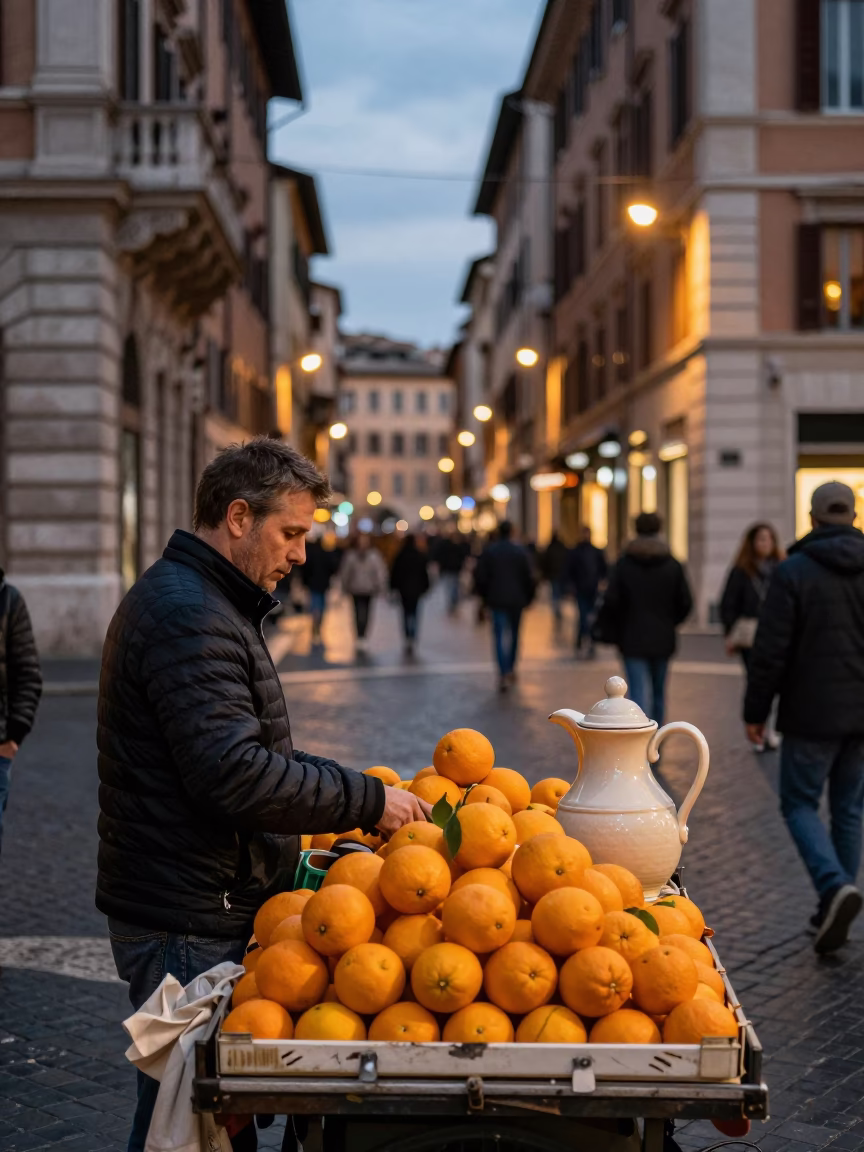 Rome Italy Evening Street Scene with Oranges and Ceramic Pitcher at Dusk in in Rome, Italy