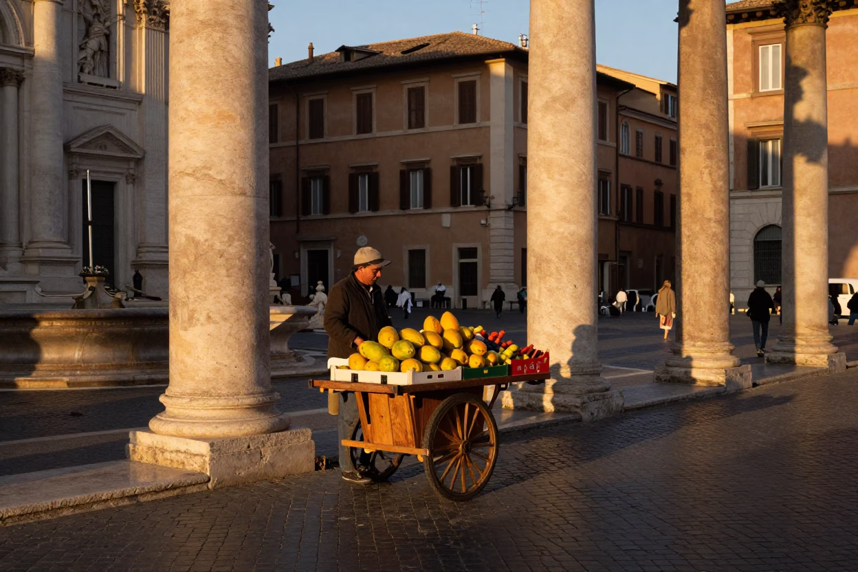 Rome Italy Evening Street Scene with Papayas and Traditional Architecture in in Rome, Italy